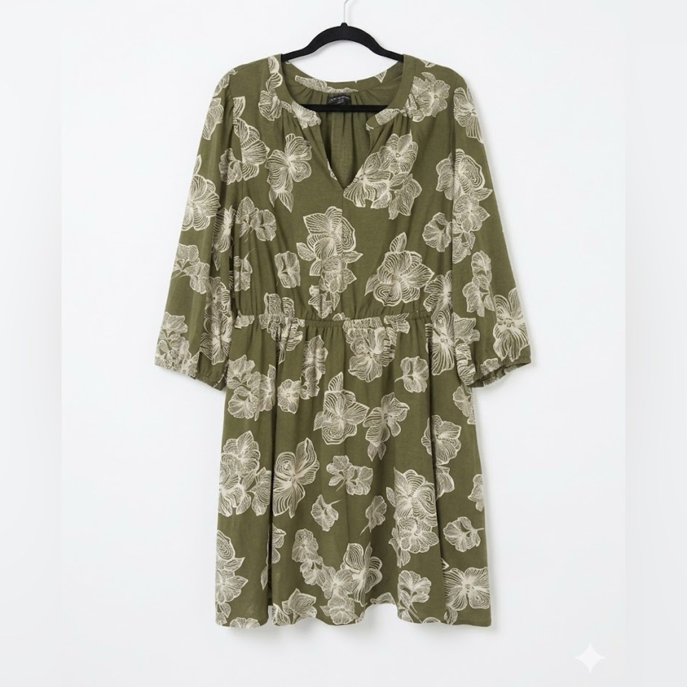 Lane Bryant 3/4-Sleeve Split-Neck Dress Olive Green Off White Floral 18/20 NWT